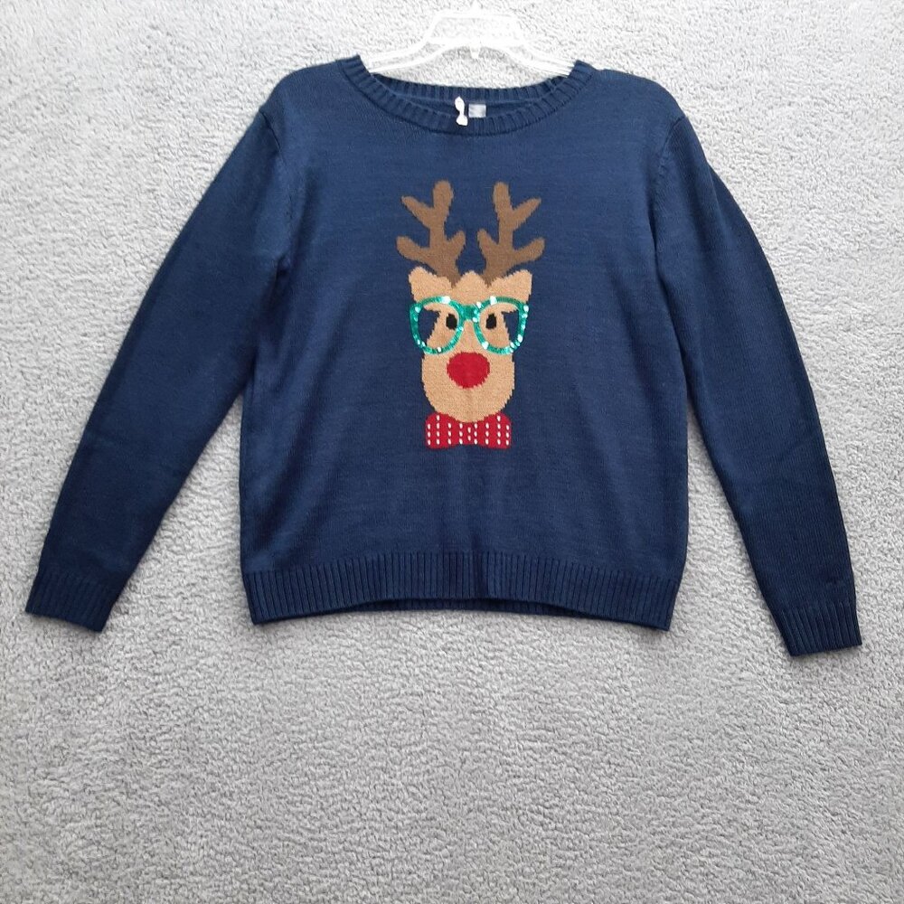 Love By Design Womens Reindeer Glasses Bowtie Navy Blue Christmas Sweater Sz XL